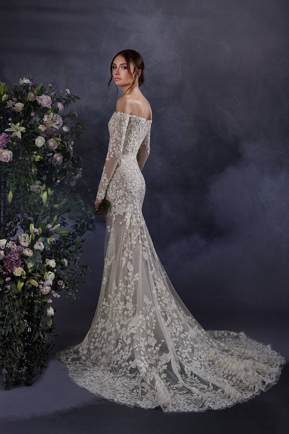 strapless mermaid lace wedding gown with off the shoulder long sleeves zuhair murad