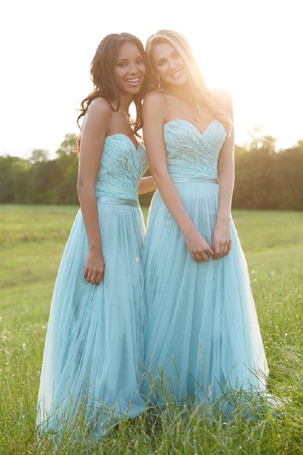 strapless waterfall light blue lace and tulle bridesmaid dresses
