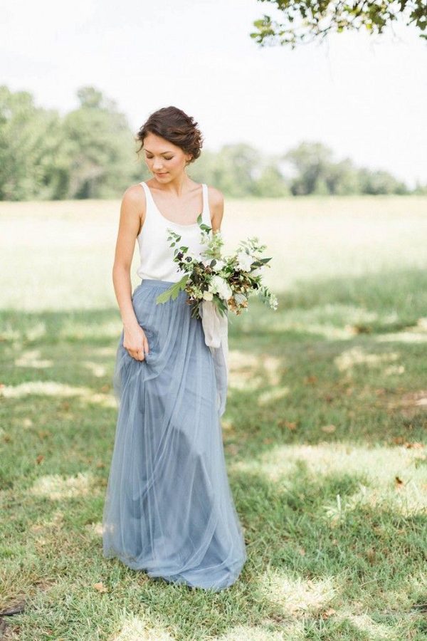 two pieces silver tulle bridesmaid dress