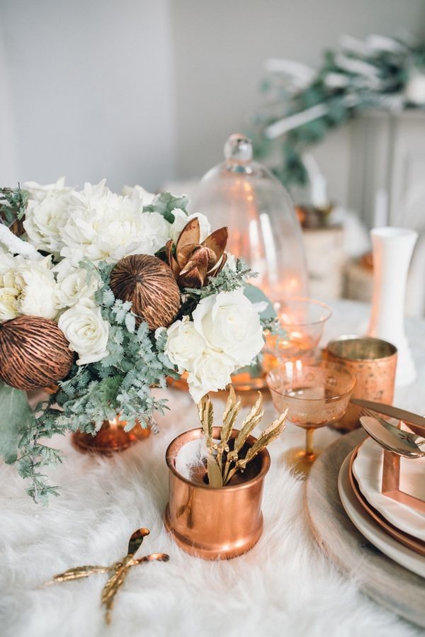 white and copper winter wedding ideas