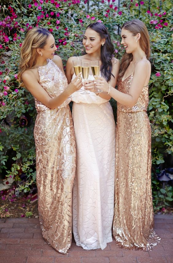 Blush and rose gold sequin dresses by Donna Morgan