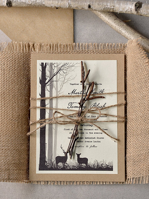 Deers in Forest Invitation, Eco Recycling Invitations, Burlap rustic Wedding Invitations