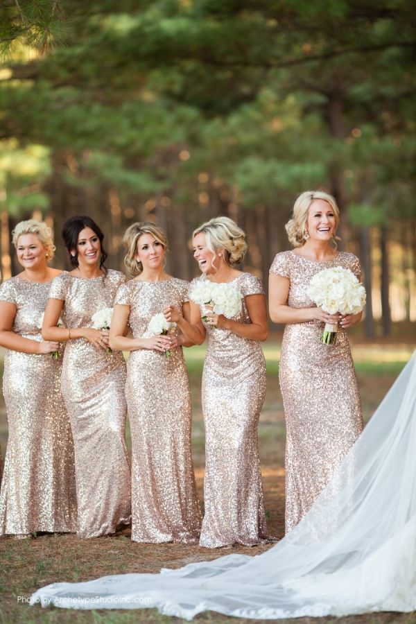 Glittery Bridesmaid Dresses with Cap Sleeves