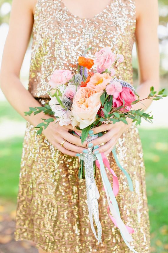 Metallic Gold sequined bridesmaid dress and peach pink bridesmaid bouquet
