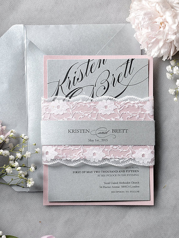 Grey and Pink Wedding Invitation, Calligraphy vintage lace Wedding Invitations