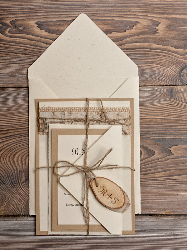 Lace Eco Recycling Paper Wedding Invitation, Birch Bark Slice Rustic Wedding Invitations