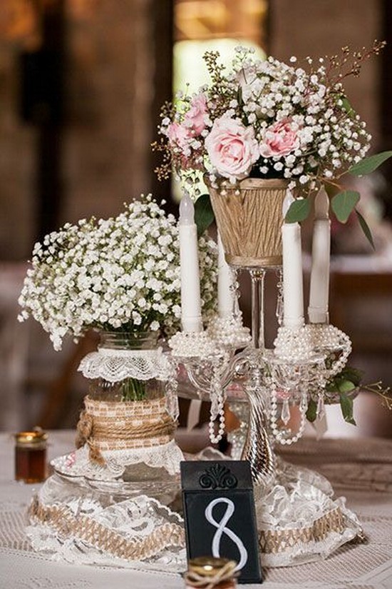Lace, burlap, and craft pearl wedding centerpiece