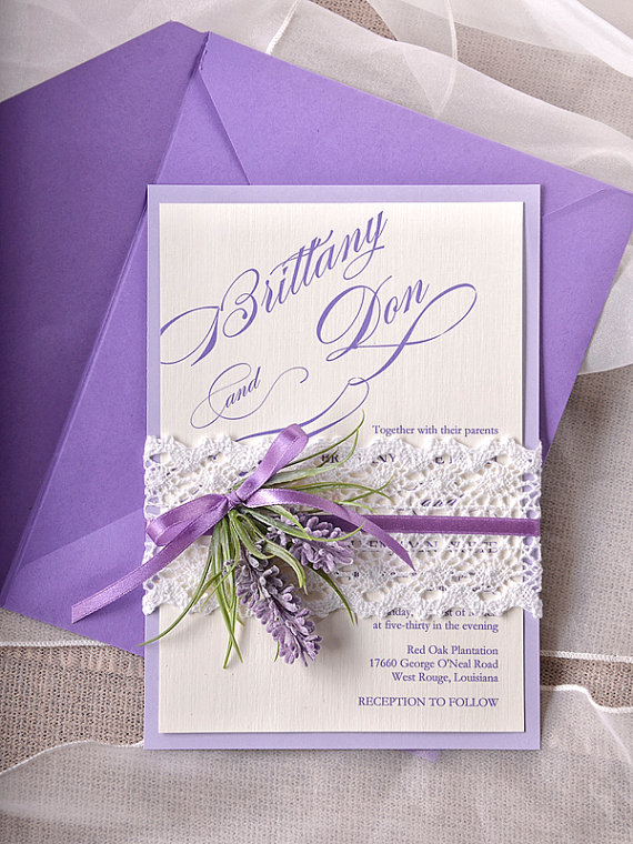 Lavender Wedding Invitations, Lace Bally Band Wedding Invitations, Vintage Wedding invitation