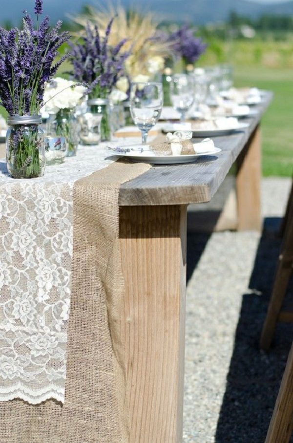 Lavender, lace, burlap wedding table decor ideas