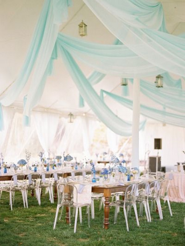 Light blue drapes and pretty blue flowers