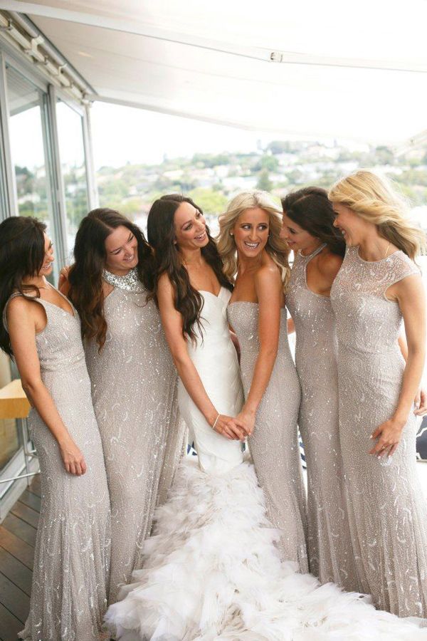 50 Silver Winter Wedding Ideas for Your Big Day 3 Mismatch sparkly glittery bridesmaid dresses
