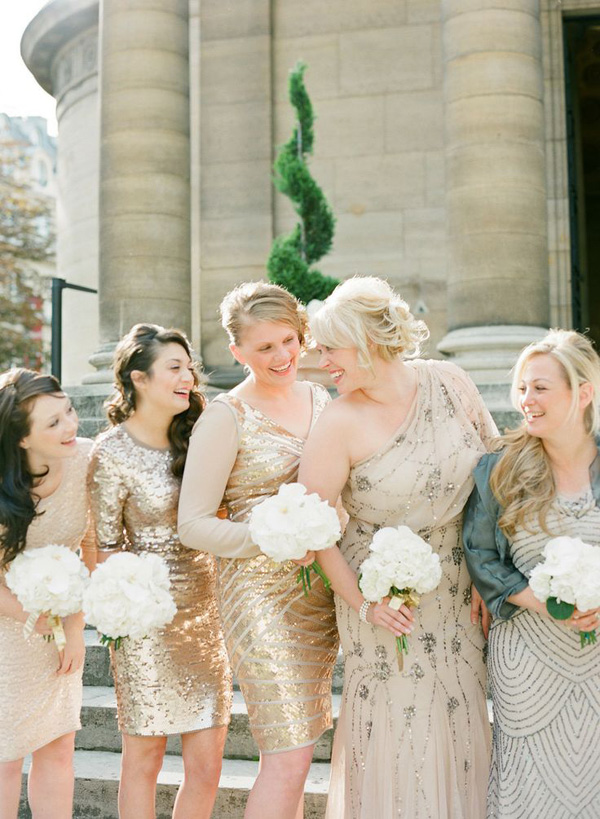 Mismatched Gold Sequined Sparkly Bridesmaids Dresses