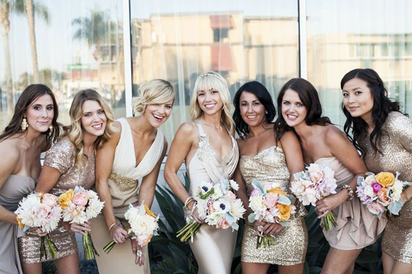 Mismatched Sequined Gold Bridesmaid Dresses