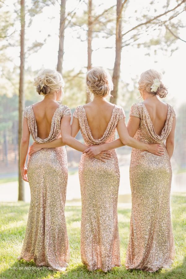 Open Back Sparkly and Glittery Gold Bridesmaid Dresses