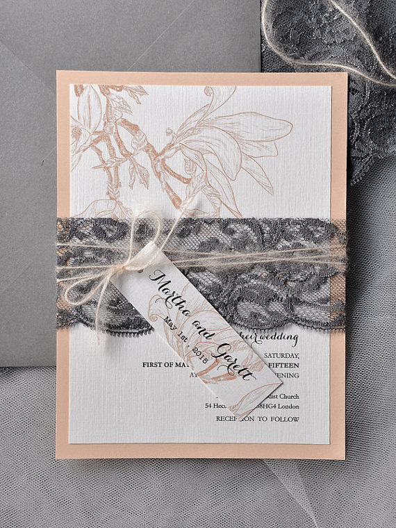 Peach Magnolia Invitation,Grey Lace Wedding Invitations, Spring Wedding Invitations