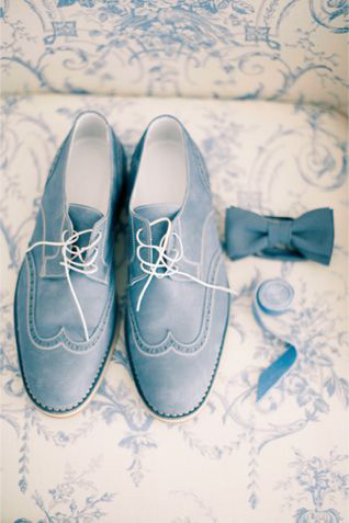 Powder dusty blue groom's shoes and bow tie
