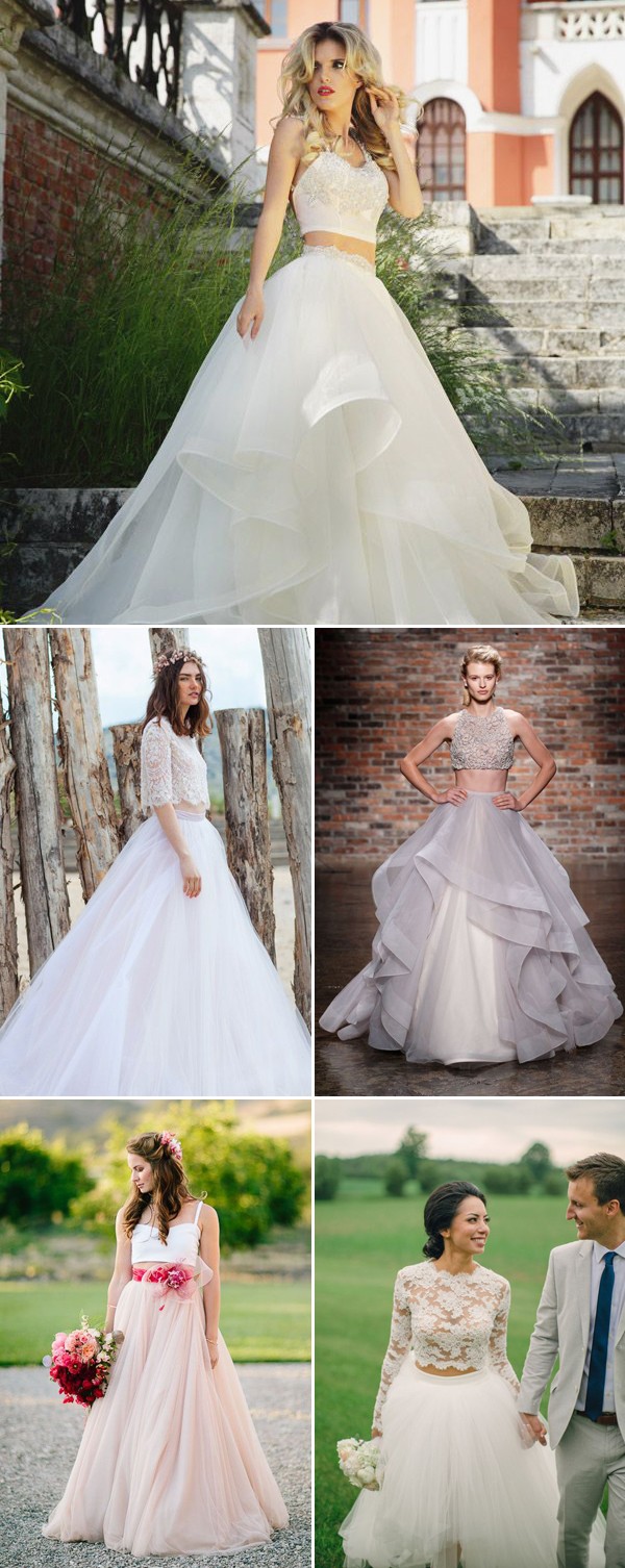 Romantic two piece crop top wedding dresses