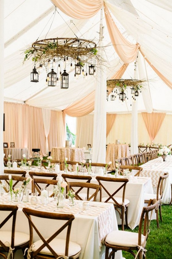 Romatic Blush Pink Wedding Tent with Rustic Lantern Chandelier