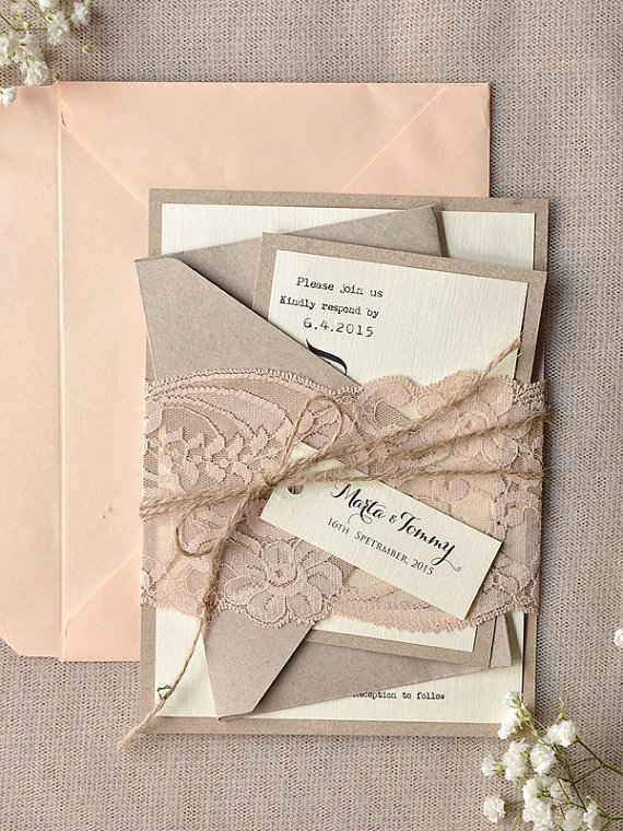 Rustic Blush Lace Calligraphy Wedding Invitations