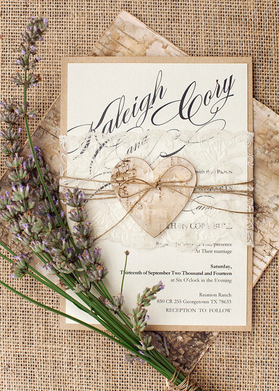 Rustic Lace Wedding Invitation, Heart Wedding Invitations, Birch Bark Wedding Invitation,