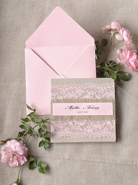 Rustic Pink Lace Wedding Invitation, Pocket Fold Wedding Invitations
