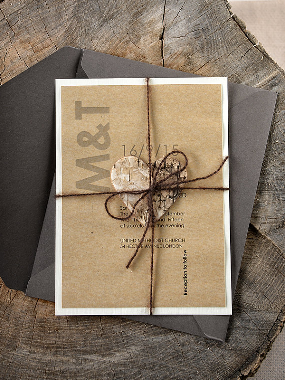 Rustic Wood Wedding Invitation, Birch Heart Wedding Invitations , Modern Eco Wedding Invitation