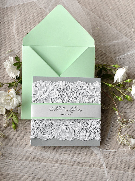 Silver and Mint Wedding Invitation, Lace Wedding Invitations , Vintage Mint Wedding invitation