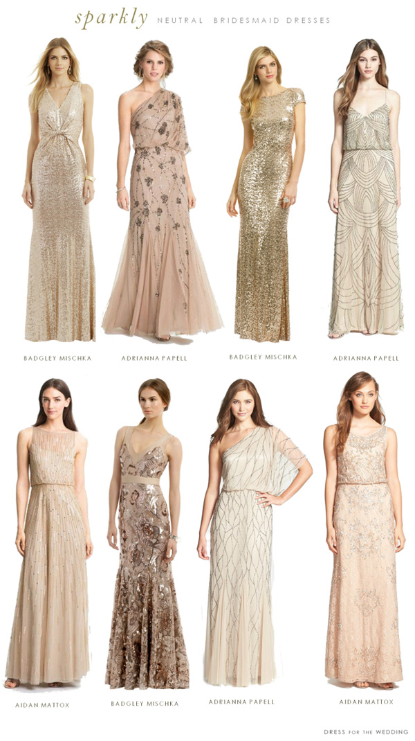 Sparkly bridesmaid dresses in neutral tones