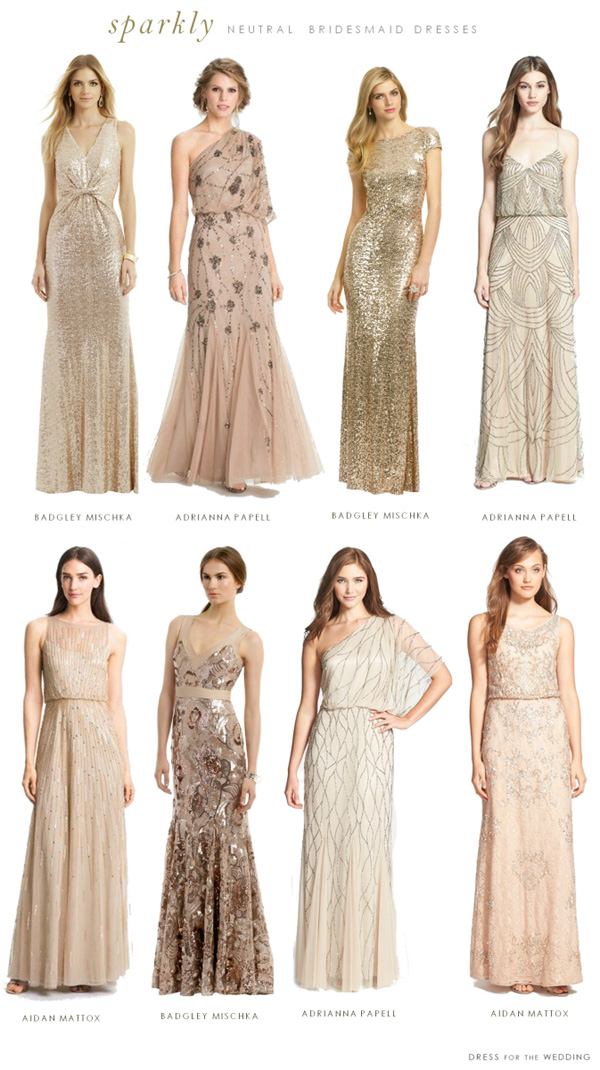 Sparkly bridesmaid dresses in neutral tones