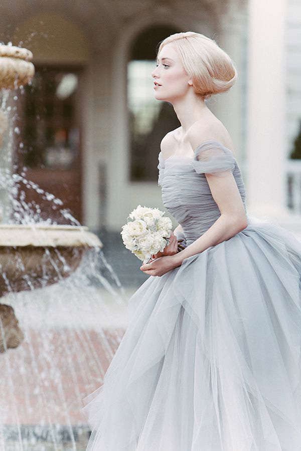 Tulle Off-Shoulder Dusty Blue Wedding Dress