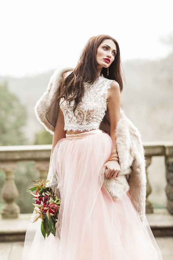 Two piece wedding dress with pink tulle skirt and lace crop top