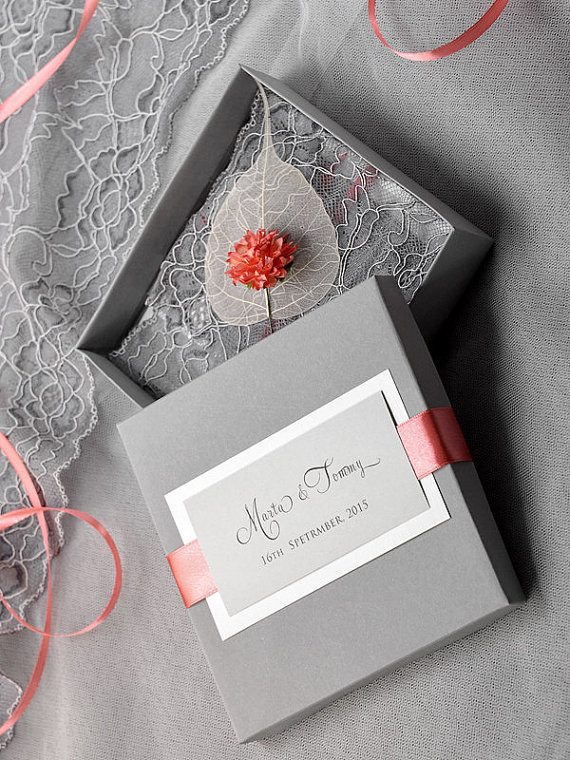 Vintage Lace Coral and Grey Box Wedding Invitation,