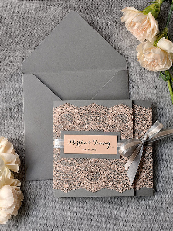 Vintage Peach Lace Grey Wedding Invitation Kits