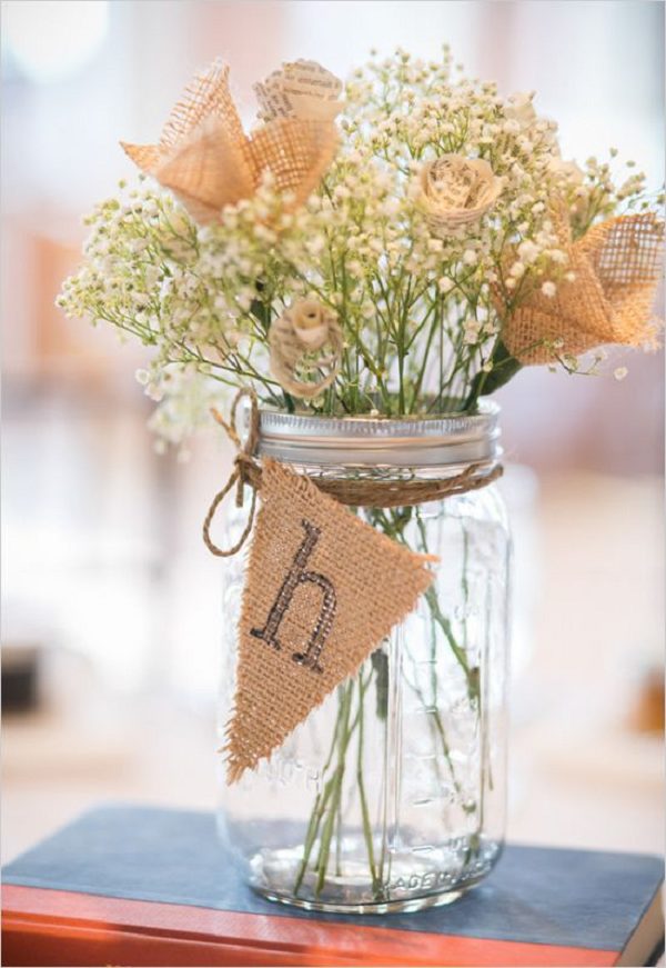 babys breath and burlap in mason jar