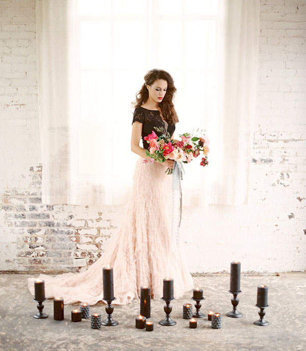 black lace and pink ruffles two piece wedding dress