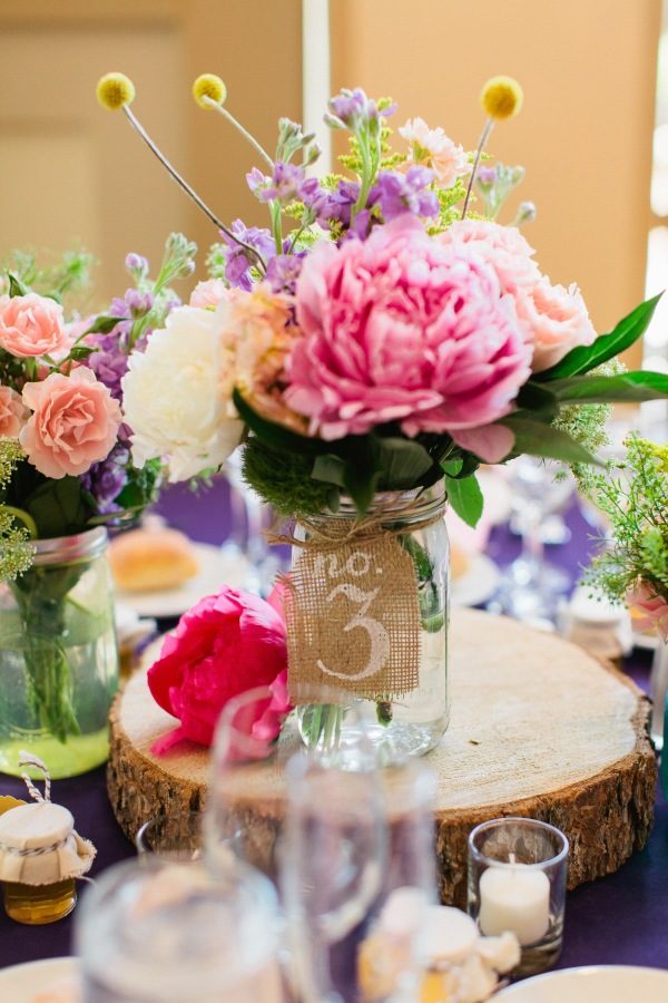 burlap and pastel flowers wedding centerpiece