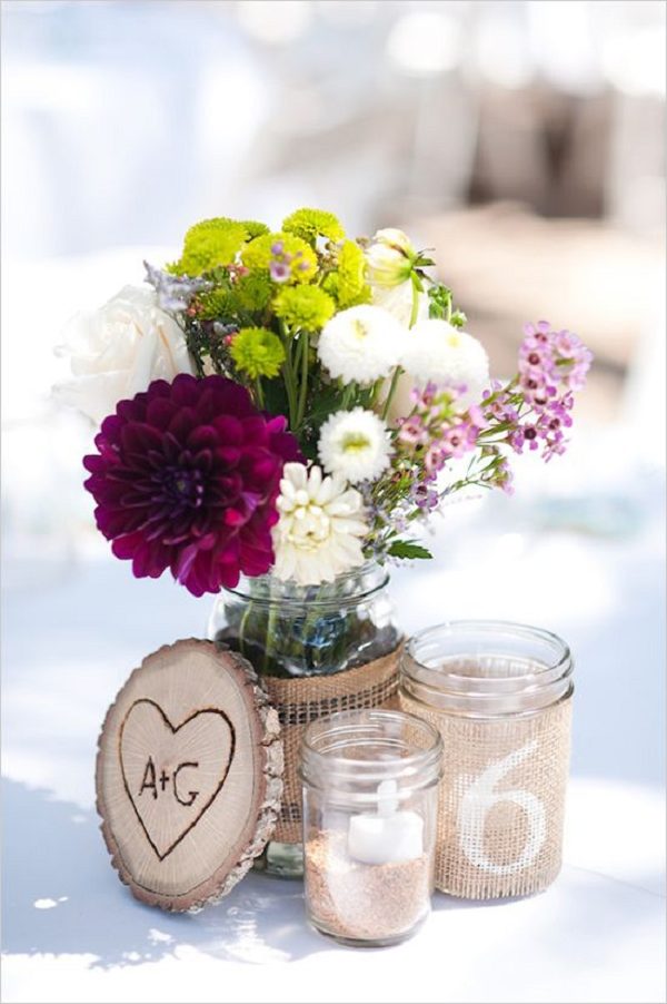 burlap wrapped mason jars wedding centerpiece