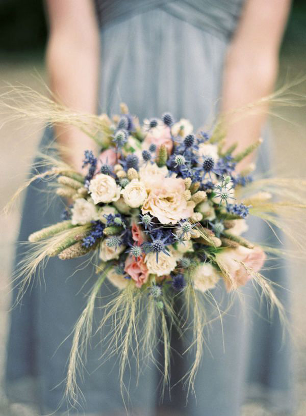 dusty blue bridesmaid bouquet with wheat