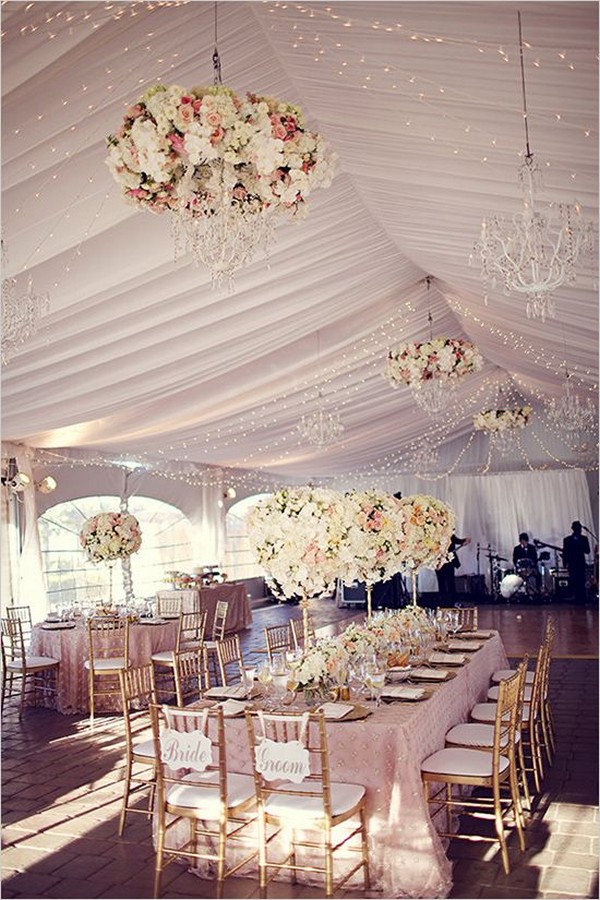 fancy tent wedding with flower chandelier decor ideas