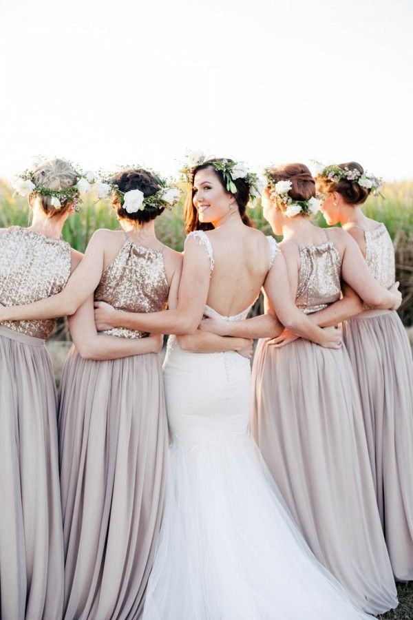 metallic glittery gold bridesmaids dresses