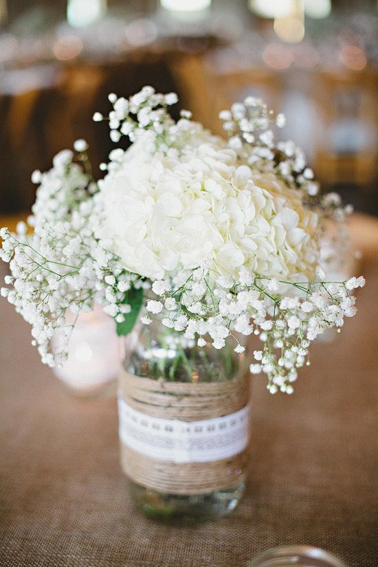 hydrangeas and baby's breath burlap and lace wedding centerpiece