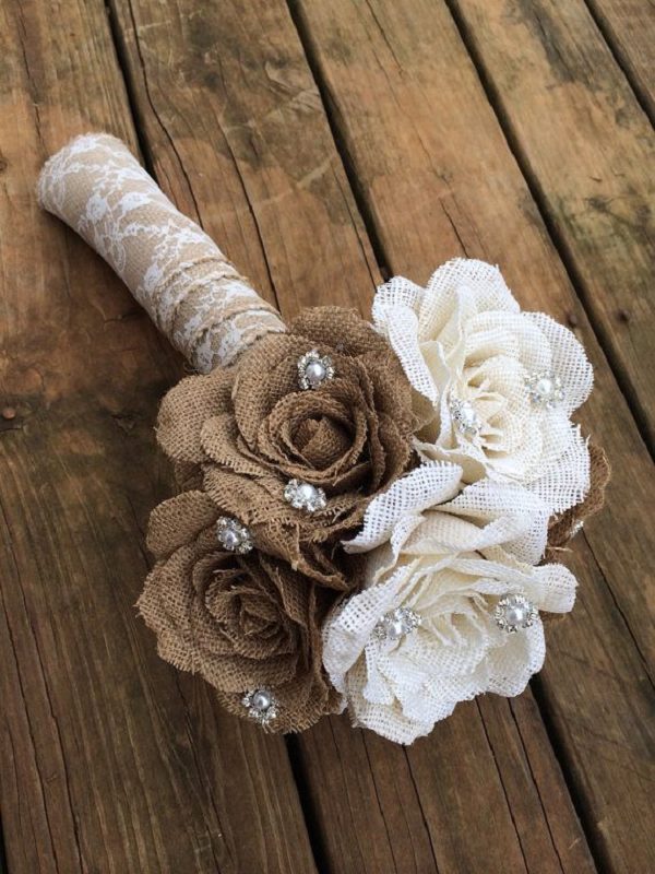 rustic buralp and lace wedding bouquet