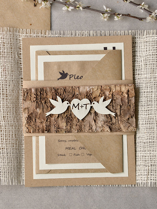 rustic love birds wood wedding invitation