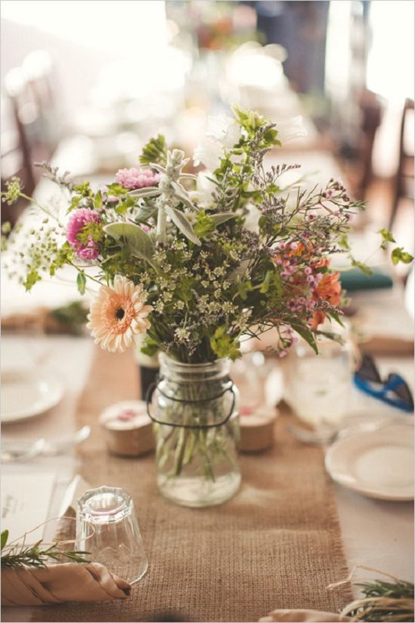 rustic wild flowers in mason jar burlap wedding ideas