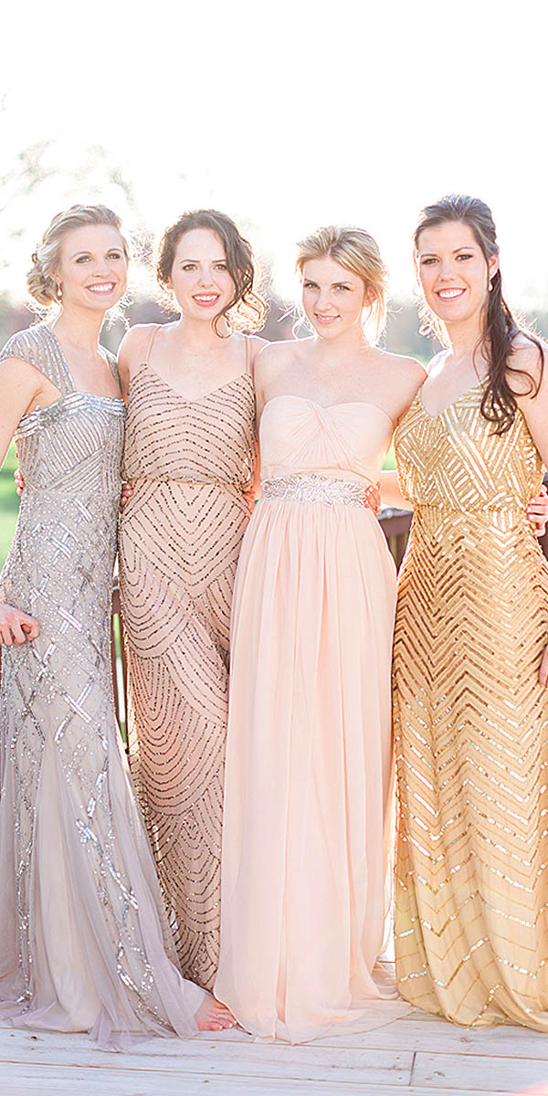 sequined metallic bridesmaid dresses via cory and jackie photography