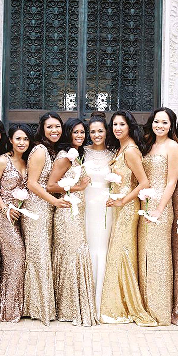 sequined metallic bridesmaid dresses via jose villa photography