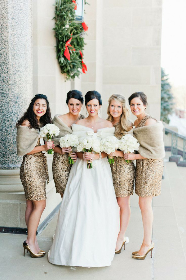 winter wedding ideas - gold sequined bridesmaids dresses