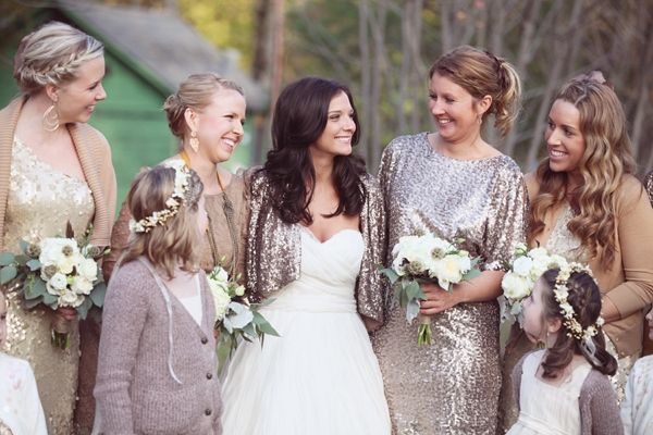 winter wedding ideas - sequined bridesmaid dresses