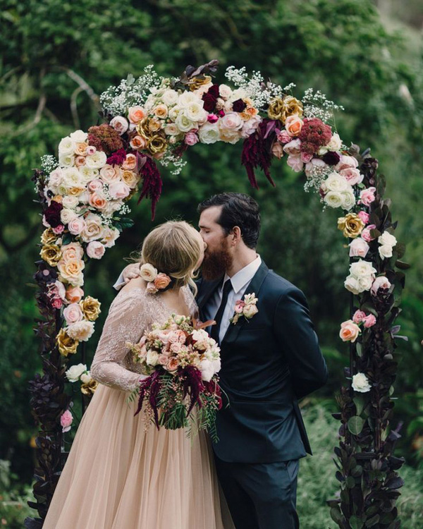 Blush and Opulent Jewel Tones Wedding Ceremony Alter Ideas for Fall Wedding