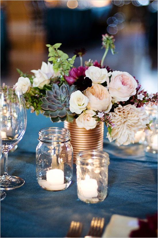 DIY Bronze floral tin can and mason jar centerpieces